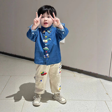 Boys' Soft Cartoon Shirt 2025 Autumn/Winter Collection Japanese Style Cute Solid Color Children's Top for Kids' Wardrobe