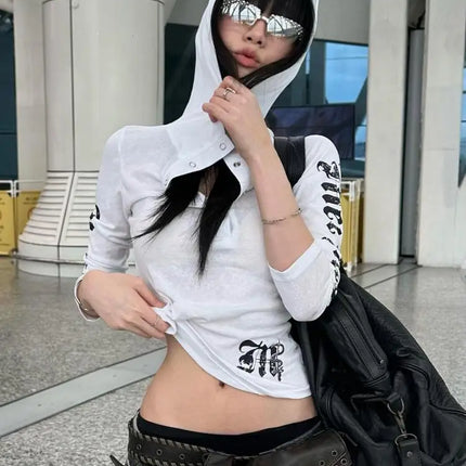 Yedinas Hooded Graphic T Shirts Long Sleeve Gothic Autumn Tops 2000s Clothes Y2k Streetwear Youthful Woman Clothes Print Tees