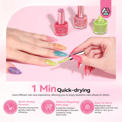 SAVILAND 12 Color Glitter Nail Polish Set Air Quick Dry Non Gel with Base Top Coat Holographic Shimmer Lacquer for Manicure