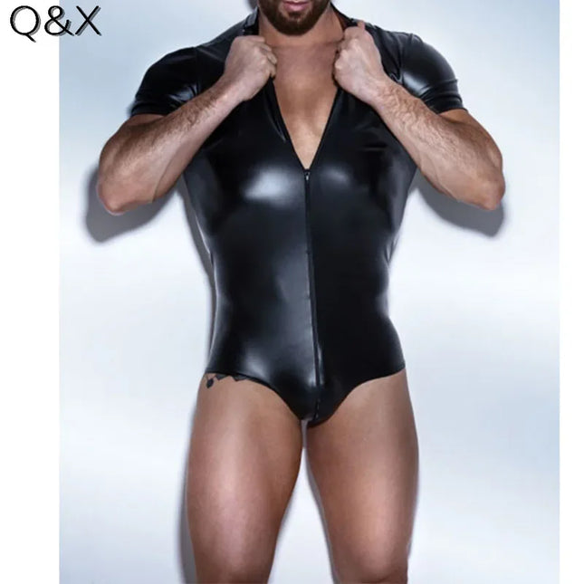 S-3XL Men Wet Look Faux Leather Bodysuit Gay Underwear Stage Dance Plus Size Short Sleeves Stripper PVC Tight Body Jumpsuit