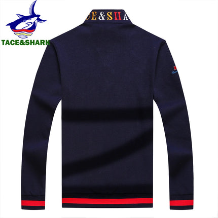 TACE&SHARK Fashion Men's Shark Embroidery Long Sleeve Polo Shirt Cotton Casual Wear Business Solid Color Tops