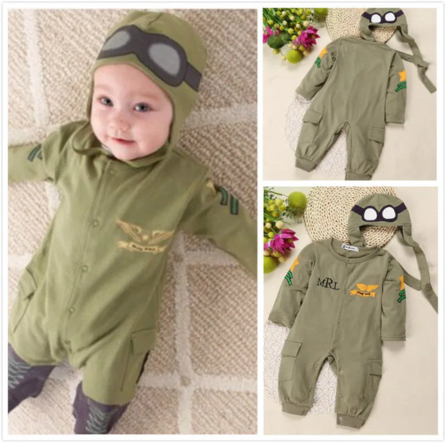 6-24 Months Baby Boys 2-piece Outfit Long Sleeve Pilot Romper + Cap Army Green Jumpsuit For Infant Boys Spring Autumn Playsuit