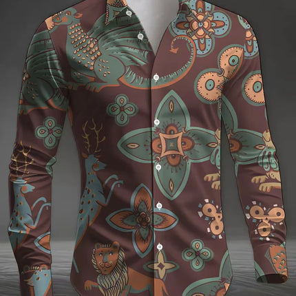 New men's fashionable 3D animal printed shirt with casual long sleeves and floral button design, fashionable shirt top