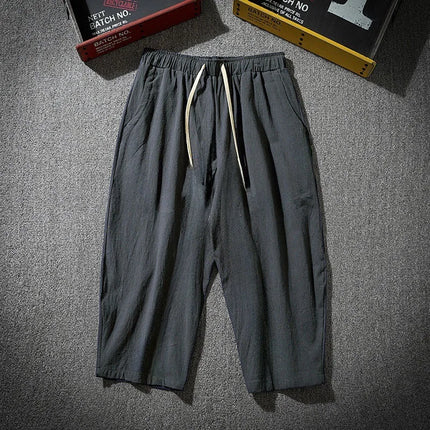 Summer Men's Casual Shorts Cotton Blended Long Elastic Waist Loose Pocket Drawstring 3/4 Length Shorts Daily Street Wear
