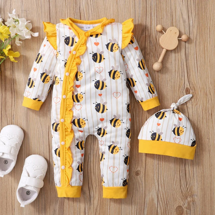 0-18 Months Newborn Baby Girls Romper Cute little bee Lovely Ruffle Long Sleeve Bodysuits + Hat Birthday Party Costumes