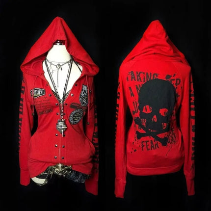 Slim Fit Punk Rock Dark Harajuku Long Sleeve Hoodie Jacket Skeleton Letter Waist Cinched Open Cardigan Spicy Girl Street Style
