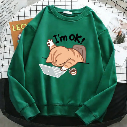 Funny Womens Solid Hoodies Computer Cat Basic Warm Fleece Sweatshirt Soft Breathable O-Neck Pullover Casual Female Clothes