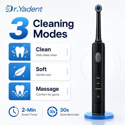 DrYadent Rotating Toothbrush YD2233 2mins Smart Timer with 3 Intelligence Modes Long-Lasting Usage with 4 Brush Heads Gum Cares