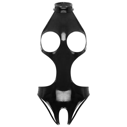 Womens Wetlook Faux Leather Cupless Bodysuit Halter Neck Sleeveless Rave Dance Clubwear Leotard Sexy Open Crotch Bodycon Catsuit