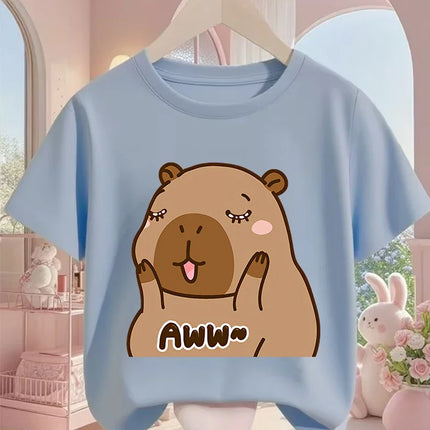 Cute Kawaii Capybara Crew Neck T Shirt Summer 3-14Y Boys Girls Fashion Street Hot Cartoon Casual Children