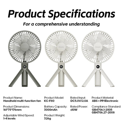 New Foldable Tripod Handheld Fan 3000mAh 4-Speed Rechargeable Fan LED Digital Display Portable Fan for Outdoor Travel Camping