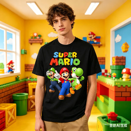 Super Mario & Luigi & Yoshi graphic unisex kids T-shirt,2026 summer New Men vintage fashion O-neck Japanese Harajuku T-shirt