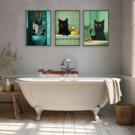 Funny Black Cat Bathroom Retro Mint Color Bathroom Toilet Bathtub Aesthetic Art Poster Canvas Painting Wall Pictures Home Decor