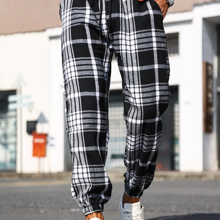 Men's Plaid Print Cuffed Casual Trousers Comfortable Sleepwear Pajamas Pants for Relaxed Style