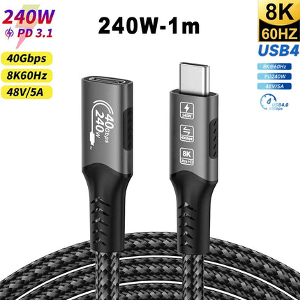 8K Type C Extension Cable Fast Charging Cable Extender Male to Female USB C 4 UHD Video 40Gbps 240W PD3.1 with Thunderbolt 4/3