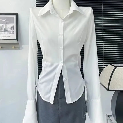 White Shirt Women Tops Korean Long Sleeve Blouses Lace Up Button Up Shirt Office Lady Black Fashion Slim Turn-Down Collar Blouse