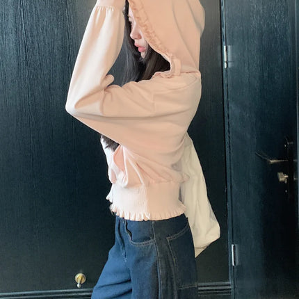 Korean Pink Zipper Hooded Sweatshirt for Women's Cute Outerwear Cardigan with Ruffle Edge Long Sleeved Top Loose Hoodie