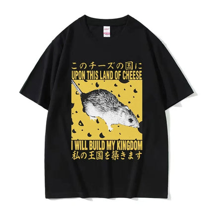 Funny Cheese Devouring Machine Japanese Rat Graphic T Shirts Men Vintage Fashion O-Neck Oversized T-shirt Y2k Unisex 62408