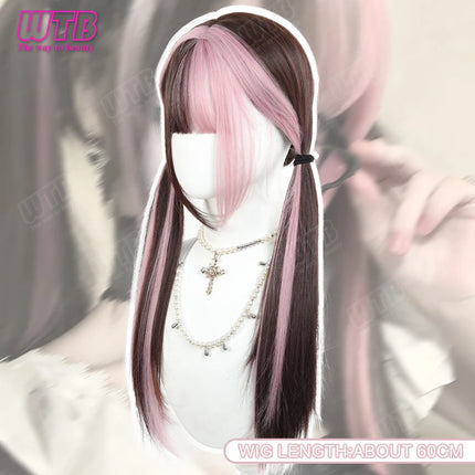 WTB Pink Highlighted Synthetic Lolita Wig for Women Long Straight with Bangs Suitable for Everyday Wear Holidays and Cosplay