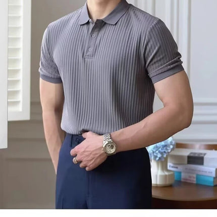 Vertical Stripe Knit Polo Men's Shirts Summer New Slim Solid Color Breathable Turn-Down Collar Business Short Sleeve Polo Tops