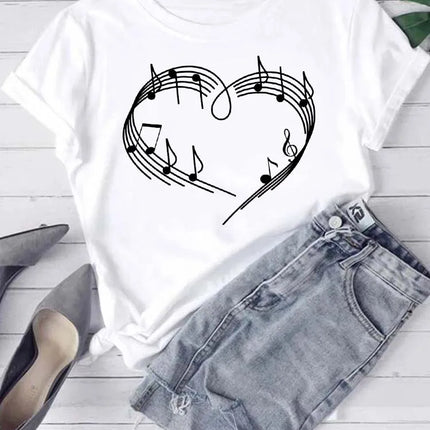 Fashion Women T Shirt Musical Note Printed T Shirt Casual Black Tops 90s Ladies Girls Tee Shirt Female Harajuku Graphic T-shirt