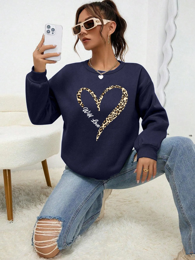 Leopard Wild Heart Pattern Print Female Sweatshirt Street Fur-Liner Pullovers Hipster Clothing All-Match Crewneck Tracksuit
