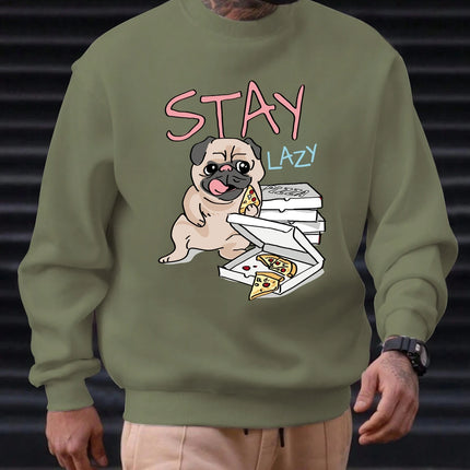 2025 Men's Sweatshirt "STAY LAZY" Pug & Pizza Graphic Chill Streetwear Trendy Soft Relaxed Funny Comfortable Daily Pullover