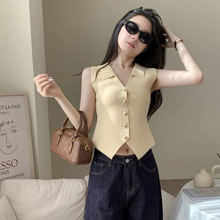 Women's French Temperament V-neck Sleeveless Slim Fit Knitted Vest Single Breasted Elegant Style