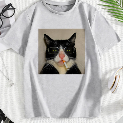 Fashion Retro Vintage Smoking Cat Design Print T-Shirts Kids Children's T-Shirt Casual Boys Girls Summer Spring Casual Top Tee