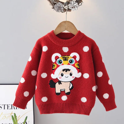 Chinese Style Element New Year Red Sweaters for Kids Girl Princess Festive Children Knitting Outertwear Flocking Clothes IY12192