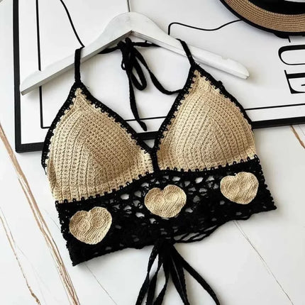 National Style Women's Swimwear Top with Chest Pads Bohemian Beach Wear Outfit Crochet Halter Neck Summer Sling Beach Vacation