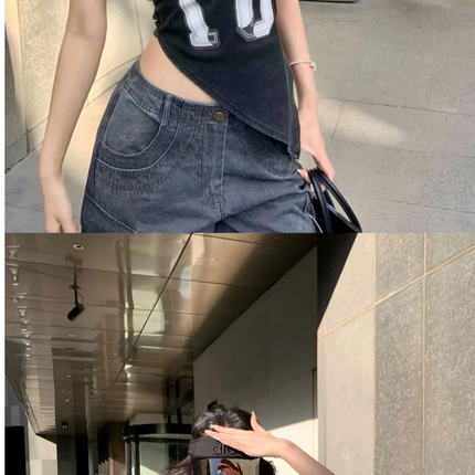 American High Street Hot Girl Slanted Collar Off-Shoulder Irregular Letter Print Camisole Vest Women's Retro Slit Top Y2K 2000s