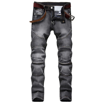 2025 New European and American style jeans, men's Amazon riding knee pads, retro motorcycle jeans, slim-fit trendy men's jeans