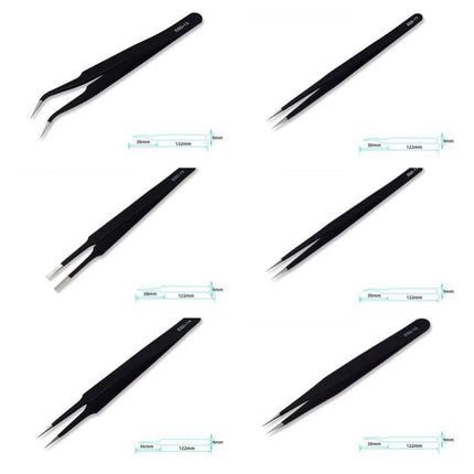 6-piece precision long tweezers ESD anti-static stainless steel tweezers electronic repair welding tools nail art brick clamp