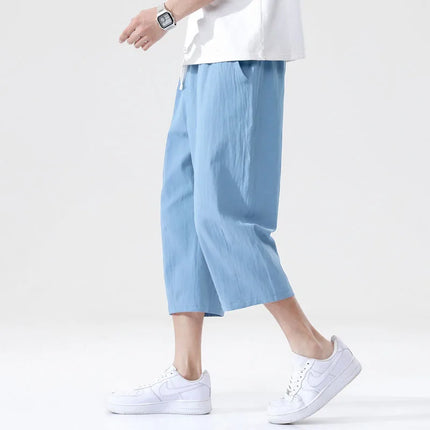 Summer Men's Casual Shorts Cotton Blended Long Elastic Waist Loose Pocket Drawstring 3/4 Length Shorts Daily Street Wear