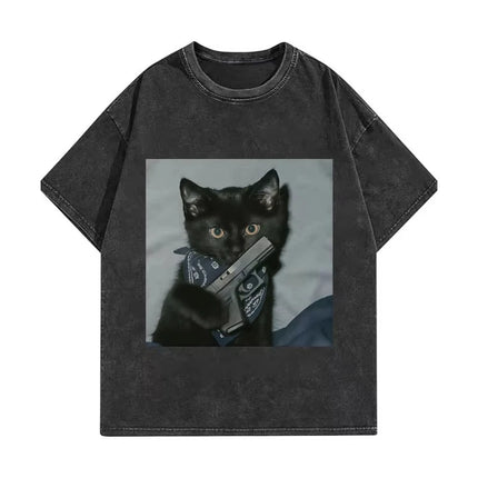 Funny Cat Gang Meme Graphic T Shirts Men's Women's Fashion Vintage Washed T-shirt Summer High Quality Cotton T-shirts