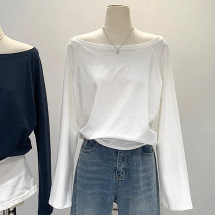 One Shoulder Cotton Slant Shoulder Long Sleeve Women's Interior-Style Wide Truffle Shoulder Base Autumn Winter Shirt