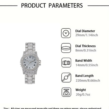 Star-studded stainless steel bracelet diamond-encrusted hip-hop men's watch with water crystal Roman numerals and date display