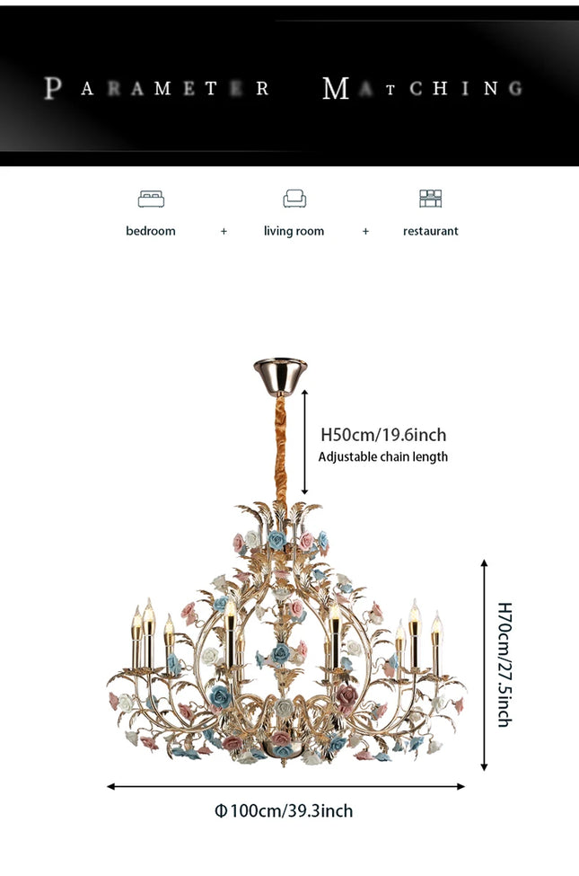 European Floral Design Chandelier Modern Rose Decorative Chandelier Lighting Nordic Living Room Ceramic Flower Chandelier