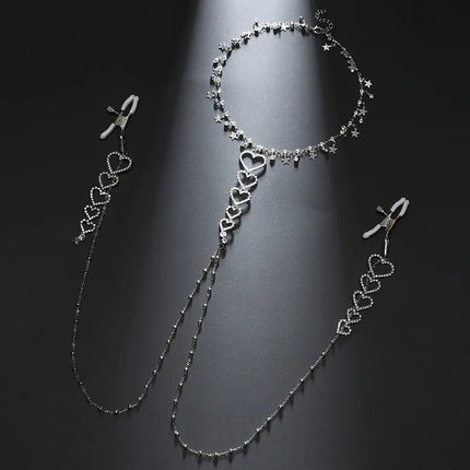 Metal Nipple Clamps with Heart-Shaped Pendant Body Chain Fashionable Women's SM Teasing Tool Breast Massage Adult Product Sex18+