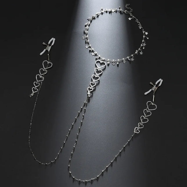 Metal Nipple Clamps with Heart-Shaped Pendant Body Chain Fashionable Women's SM Teasing Tool Breast Massage Adult Product Sex18+