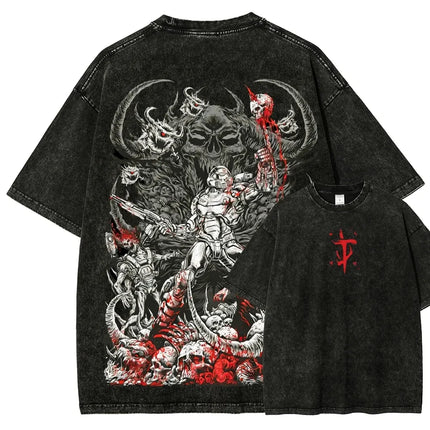 Classic Retro Shooting Game DOOM Peripherals Graphic Print T-shirt Men Women Vintage Washed Cotton Tee Oversized Casual New Tops
