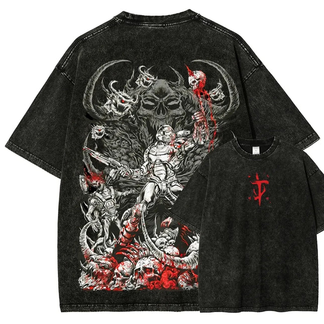 Classic Retro Shooting Game DOOM Peripherals Graphic Print T-shirt Men Women Vintage Washed Cotton Tee Oversized Casual New Tops