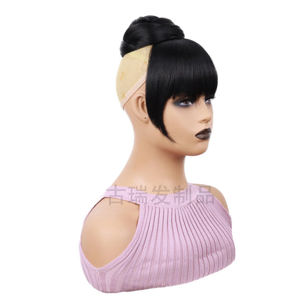 Synthetic Bun & Bang Set 2PCS Braided HairBun Bangs Straight Clip in High Bun with Bangs Clip on Hair Piece for Black Women