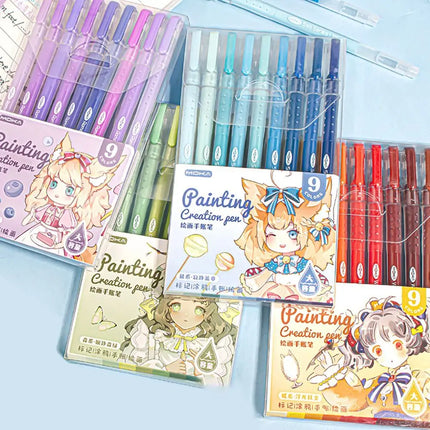 9-Colors Highlighter Set Watercolor Pen Scrapbook Marker Pen Drawing Painting Graffiti Colour Pen Art Stationery