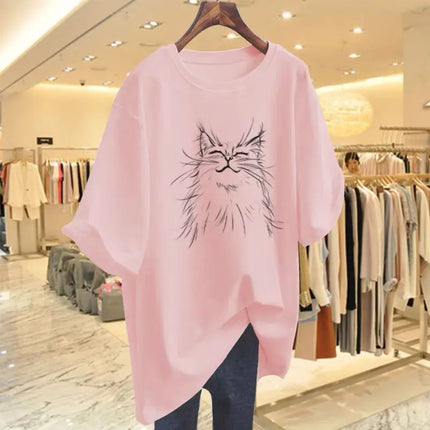 Women Fashion Cat Animal Printing T-shirt Summer Cotton O-Neck Short Sleeve Basic Top Tee Office Lady Casual Loose Pullover M-6XL