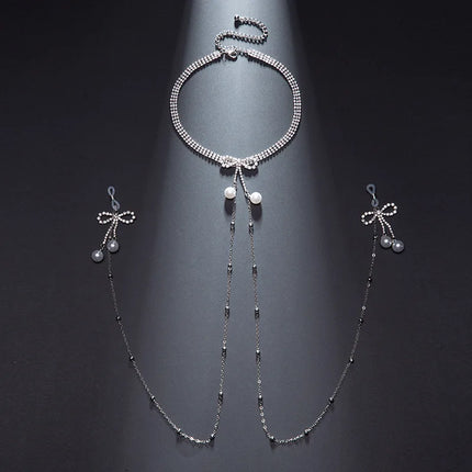 New Custom Rhinestone Nipple Clamps Bow Pendant Body Chain Sexy Accessories Breast Restraint Fetish Erotic Collar Adult Sex Toys