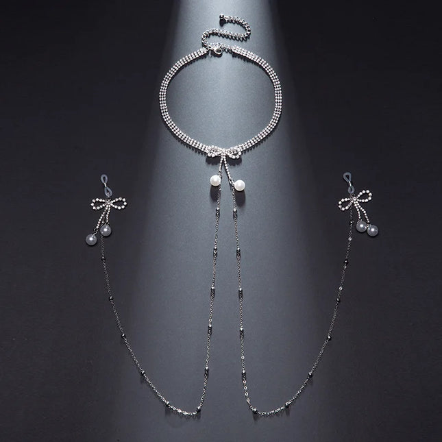 New Custom Rhinestone Nipple Clamps Bow Pendant Body Chain Sexy Accessories Breast Restraint Fetish Erotic Collar Adult Sex Toys