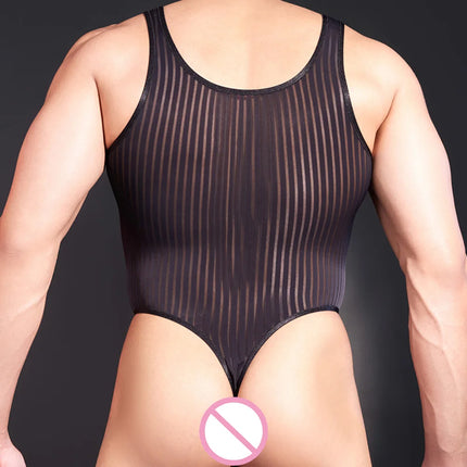 o neck Mens transparent Striped Comfortable Sleeveless High Cut Underwear Tank Tops Bodysuits Lingerie Man tights Vest Club wear