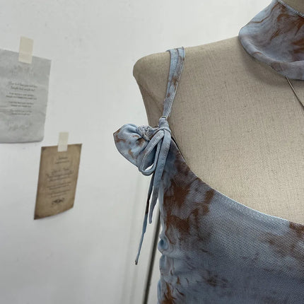 Women's Vintage Tie-dye Printed Mesh Spaghetti Strap Camisole Hot Girl Irregular Ruffled Ribbon Sleeveless Top Partyclub 1185